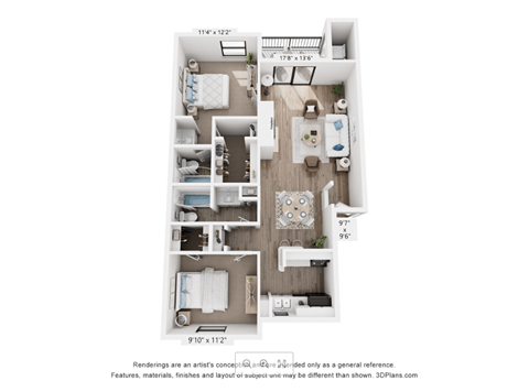 A floor plan of a small apartment with a kitchen, living room, and two bedrooms.
